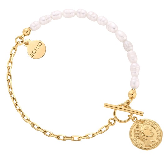 bransoletki złote Złota bransoletka z naturalnych pereł zdobiona monetą