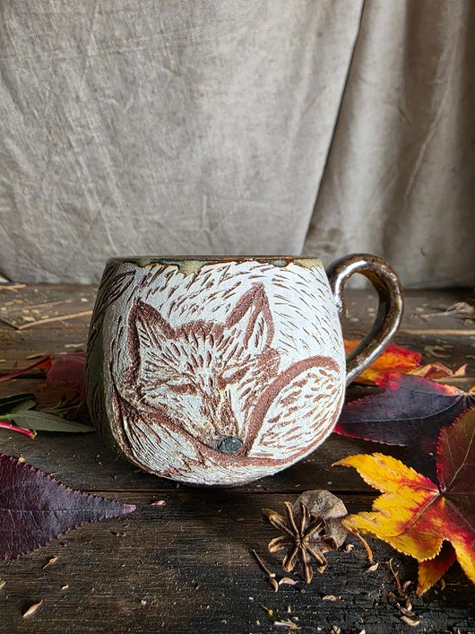 kubki Kubek jesieniary, lis kubek leśny, kubek sgraffito fox, lisek jesienny
