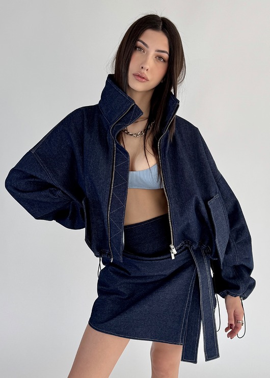 kurtki damskie Krótka kurtka bomber collar denim dark blue