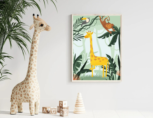 obrazy i plakaty do pokoju dziecięcego PLAKAT DLA DZIECKA safari dżungla żyrafa