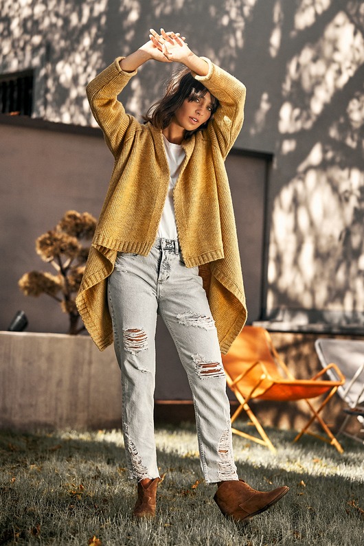 kardigany damskie Kardigan  - musztardowy (BK-017)