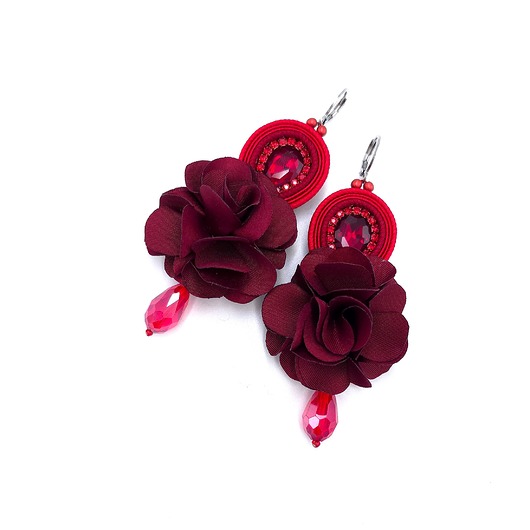 kolczyki soutache Kolczyki sutasz bordowe boho z kwiatami Bloom