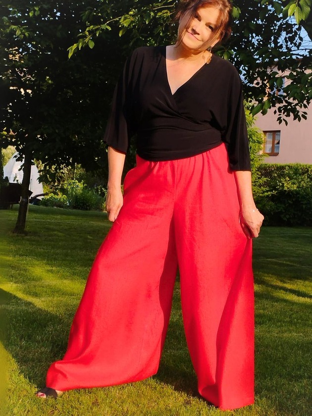 spodnie materiałowe damskie Szerokie spodnie z lnu z wiskozą SUNSET RED