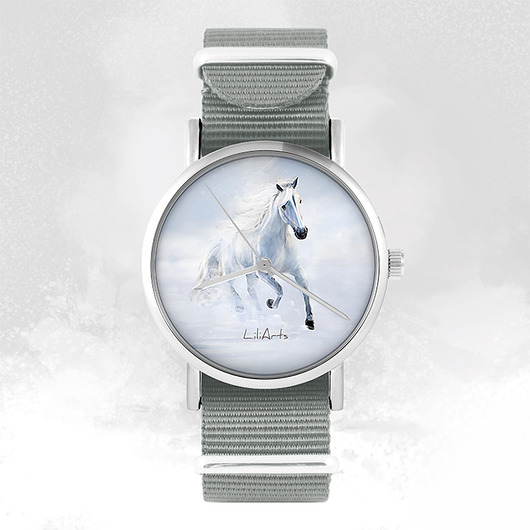 zegarki damskie Zegarek - Biały koń biegnący - szary, nato