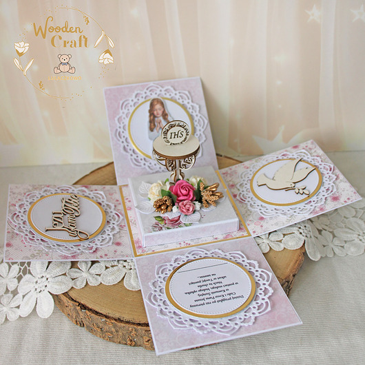 kartki na komunię Exploding box komunijny, kartka na komunię "Pink Roses" GOTOWY