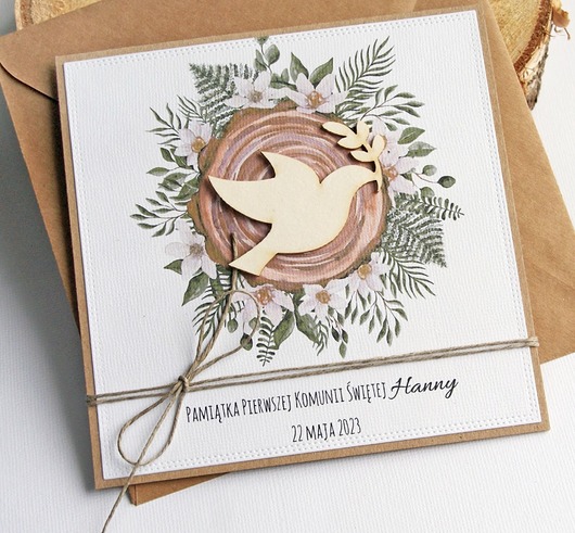 kartki scrapbooking Kartka, PERSONALIZACJA : I Komunia Święta : drewno: gołąb