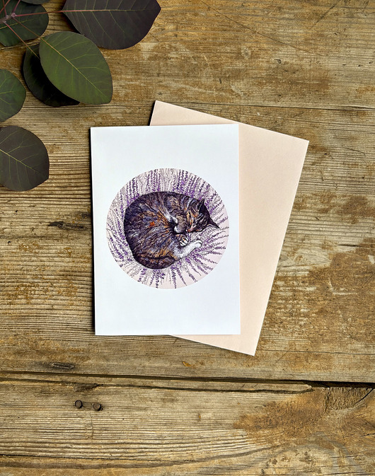 kartki okolicznościowe - wydruki Kot we wrzosie- Kartka- Grafika- Ilustracja- Zwierzaki