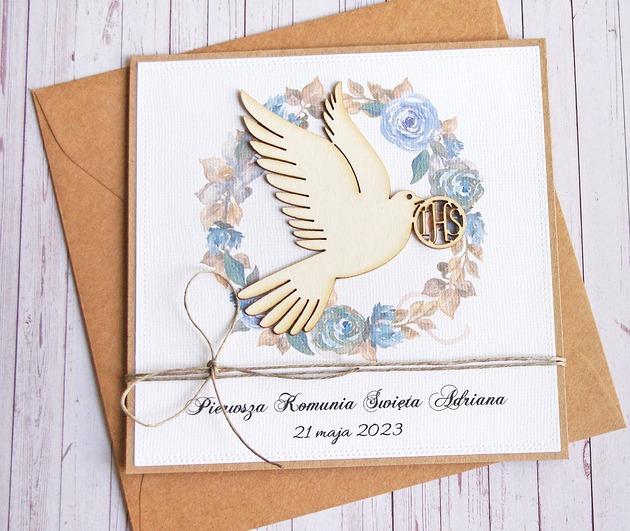 kartki na komunię Kartka, PERSONALIZACJA :: I Komunia Święta : gołąb IHS niebieska.
