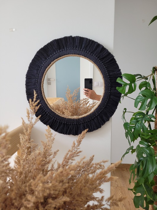 lustra stojące i wiszące Lustro boho ścienne makrama juta czarne, 45 cm, okrągłe lustro wiszące