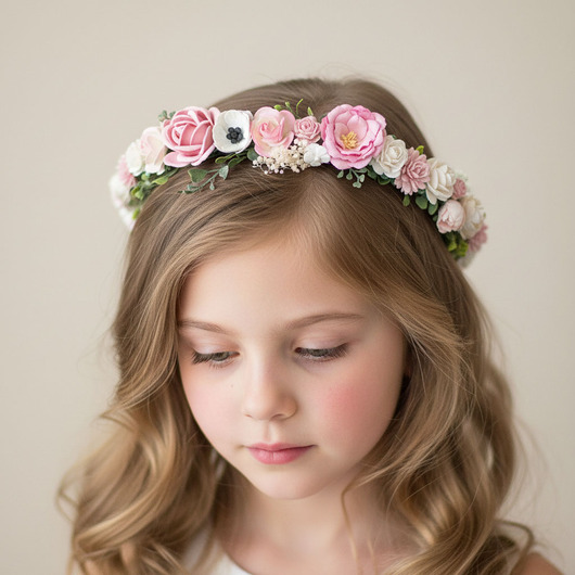wianki komunijne Delikatny wianek na głowę pudrowy róż