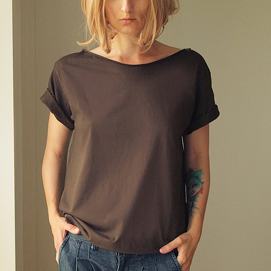 t-shirt damskie Brązowy Zgaszony Oversize Bez Nadruku