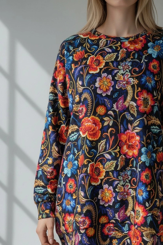 bluza z kapturem damska Bluza oversize Santosza folkowy wzór haftowane kwiaty rozmiar S-XL