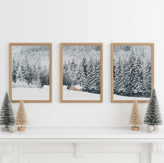 fotografia TRZY PLAKATY zimowe świąteczne Boże Narodzenie las góry chata