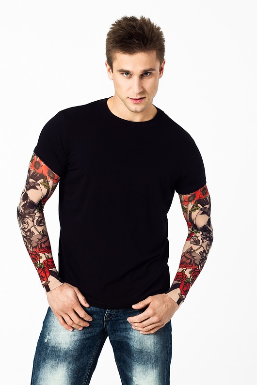 t-shirty męskie Czarny t-shirt męski z tatuażami Skull & Roses