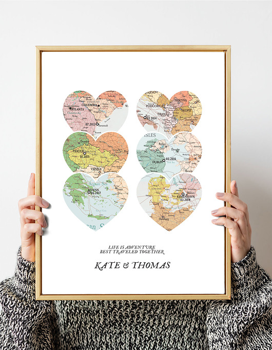 plakaty Plakat Personalizowana mapa PODRÓZE serca 6 miejsc