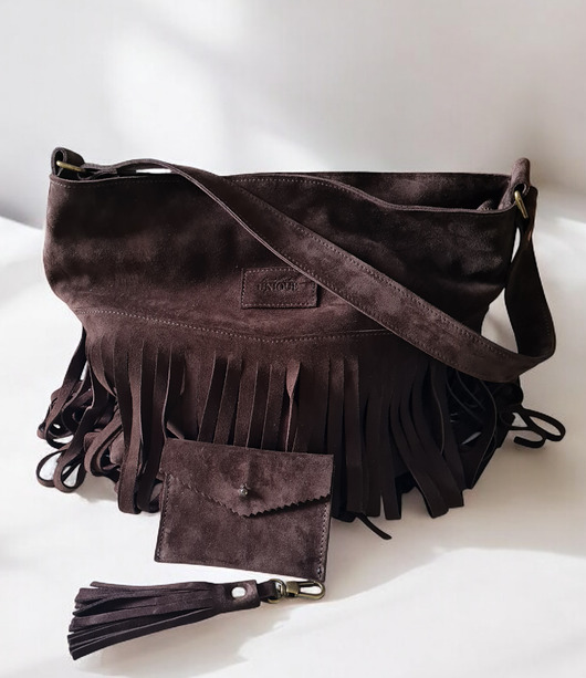 torby na ramię Zamszowa shopperka z frędzlami. Duża torebka czekoladowa. Etui gratis