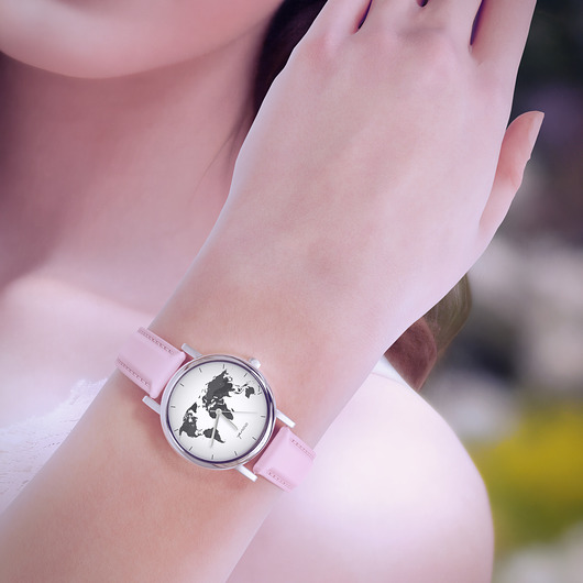 zegarki damskie Zegarek  mały - Mapa świata - skórzany, pudrowy róż