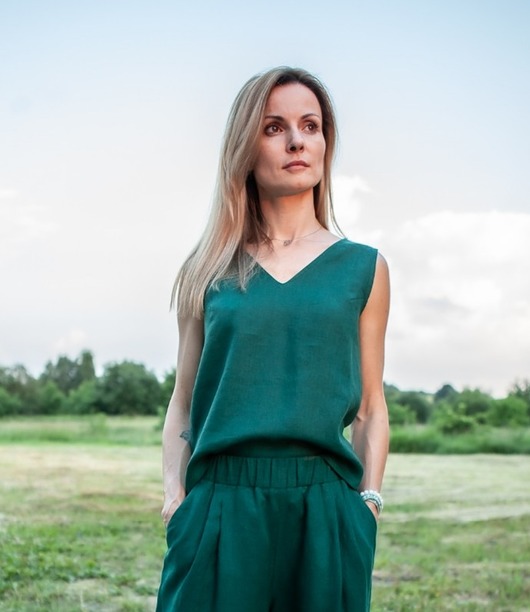 topy damskie Top lniany Butelkowa Zieleń