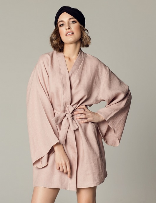 szlafroki damskie Szlafrok lniany róż