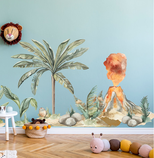 naklejki ścienne do pokoju dziecka Wulkan, palma i rośliny 