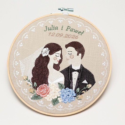 Ślub - inne Haft ślubny w tamborku 20 cm, indywidualna pamiątka ślubna, rocznicowa 56