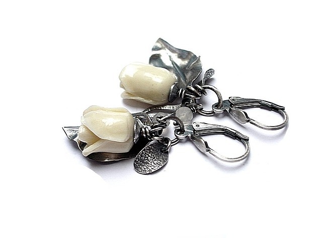 kolczyki wire wrapping Róże - cream rose vol. 6 - kolczyki