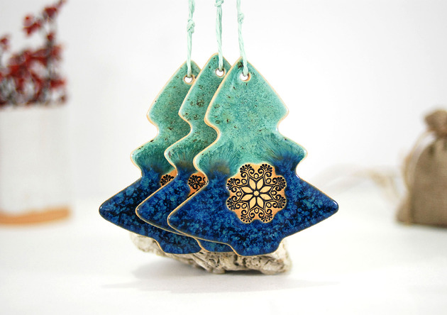 ozdoby choinkowe Turkusowe choinki - ceramiczne ozdoby choinkowe