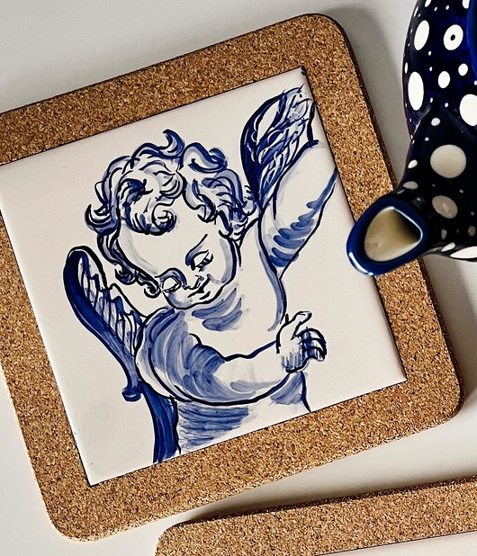 kafle i panele Ruben - Podkładka pod kubek z aniołem na kafelku ręcznie malowanym