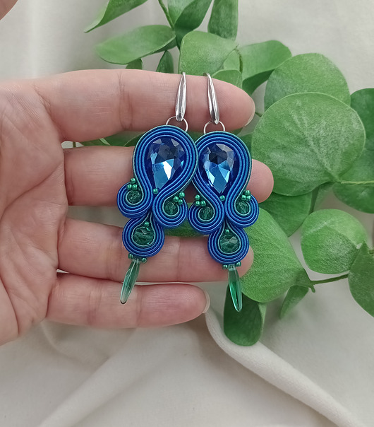 kolczyki soutache Kolczyki sutasz, kolczyki na wesele, wiszące kolczyki pawie pióro