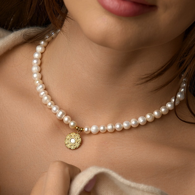 złote naszyjniki Naszyjnik perły naturalne moneta- stal szlachetna pozłacana