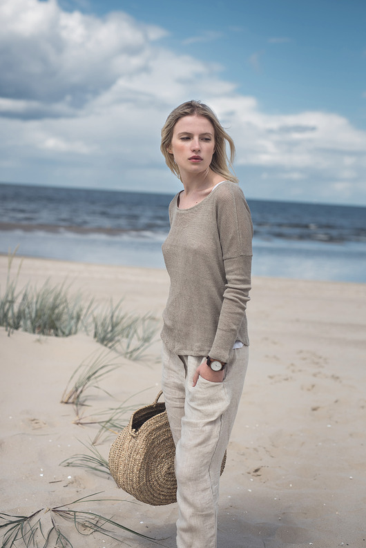 bluzki z długim rękawem damskie Lniana bluzka dzianinowa naturalna