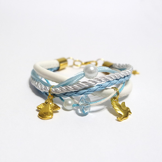 bransoletki - inne Bransoletka - Anioł, gołąbek, Komunia - rzemienie blue