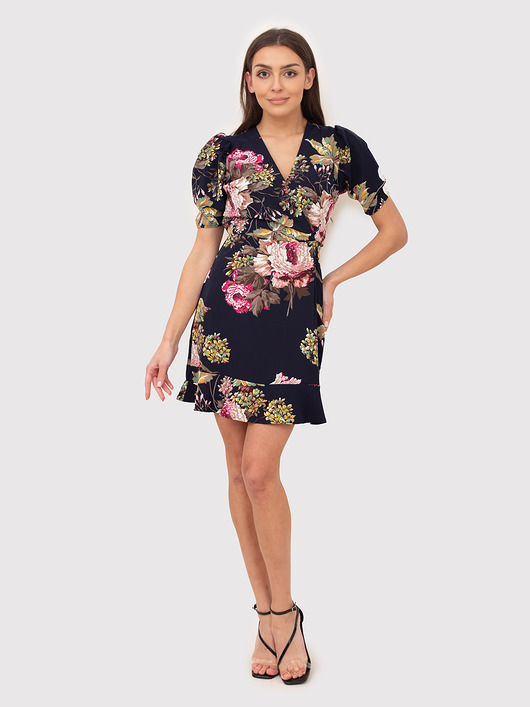 sukienki midi damskie Granatowa sukienka mini w kwiaty DA1786 NAVY