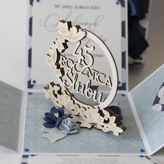 kartki scrapbooking 45 rocznica ślubu, szafirowe gody, exploding box, kartka 3d