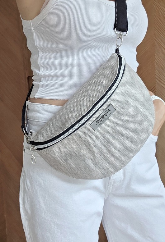 saszetka nerka Beżowa nerka  pleciony materiał boho na ramię