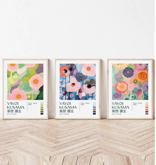 plakaty ZESTAW 3 plakatów Yayoi Kusama abstrakcja kwiaty pastelowe