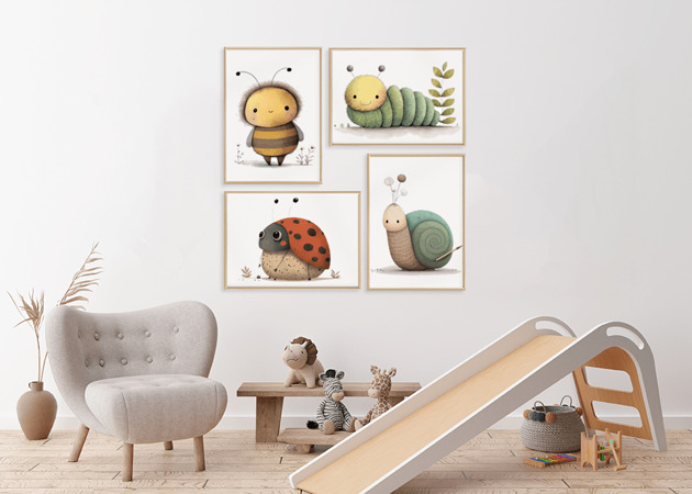 obrazy i plakaty Plakaty do pokoju dziecka Łąka: Biedronka, Pszczółka, Ślimak i  Gąsienica