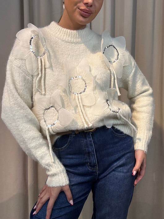 swetry damskie  Sweter kwiat Ecru