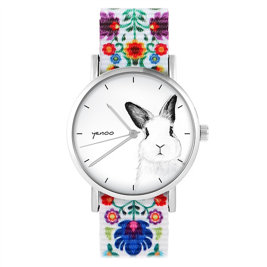 zegarki damskie Zegarek - Królik - folk biały, nylonowy