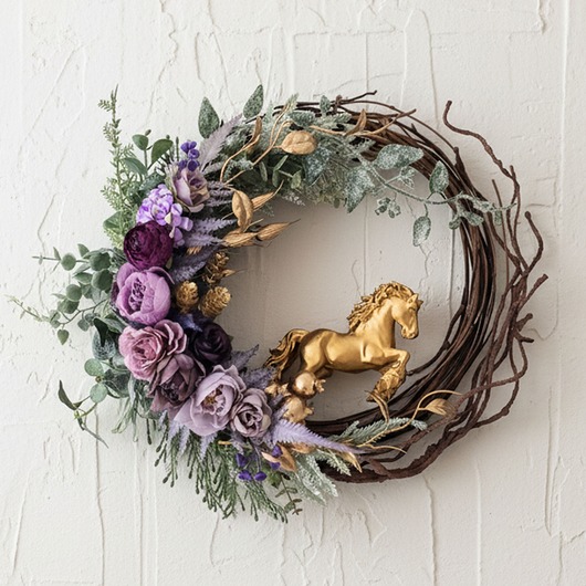 wianki bożonarodzeniowe Fioletowy wieniec ze złotym koniem (26cm)