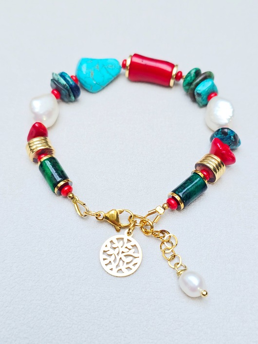 bransoletki z kamieni naturalnych Bransoletka Koral z Perłą w Zieleniach