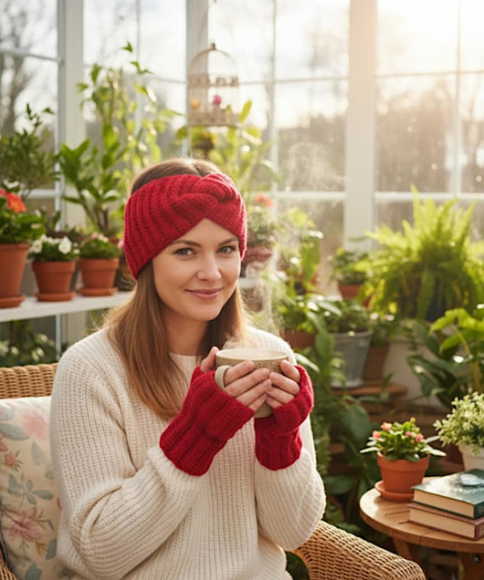 opaski do włosów Komplet opaska na głowę i mitenki na szydełku Om01