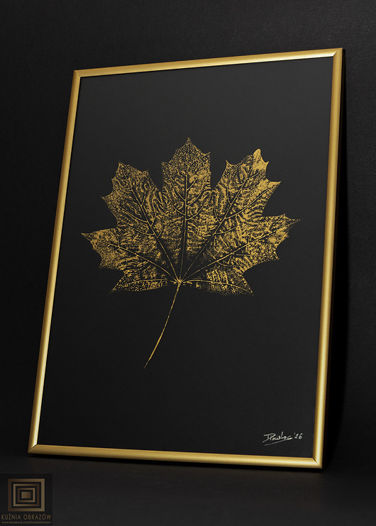 grafiki i ilustracje Autorska Grafika Botaniczna. Złoty Plakat Liść Klonu 20x30cm. Złota Rama Alu