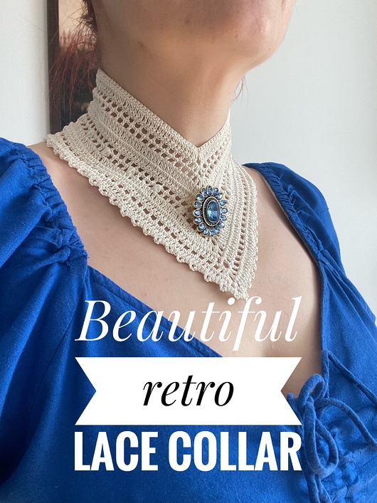 chokery Kremowy koronkowy retro naszyjnik z piękną niebieską broszą