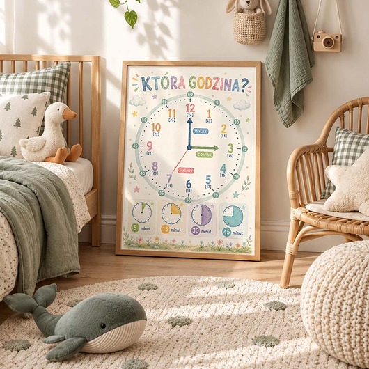 obrazy i plakaty do pokoju dziecięcego Plakat edukacyjny CZAS ZEGAR dla chłopca