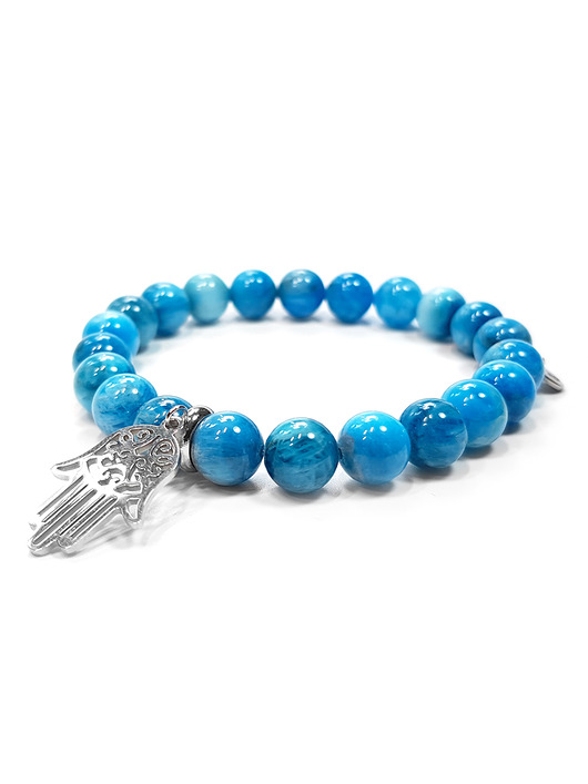 bransoletki z kamieni naturalnych Bransoletka apatyt niebieski i ręka fatimy/hamsa