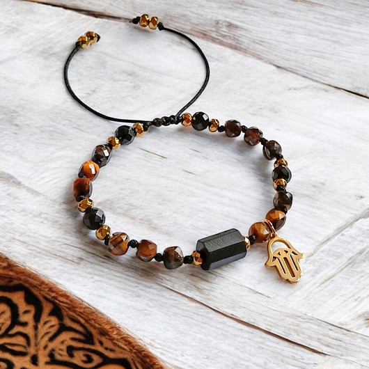 bransoletki z kamieni naturalnych OCHRONA, SIŁA - czarny turmalin, tygrysie oko, HAMSA