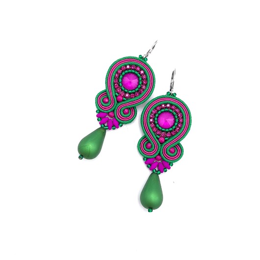 kolczyki soutache Kolczyki sutasz zielono fuksjowe kolorowe z dużą łezką Cleo