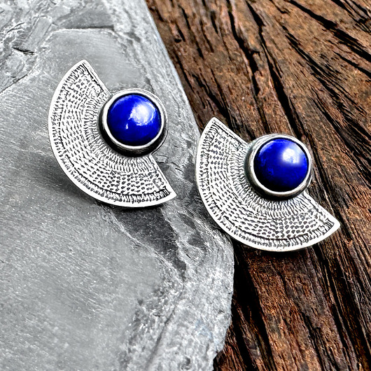 kolczyki srebrne Orientalne kolczyki wkrętki srebrne wachlarze z lapisem lazuli
