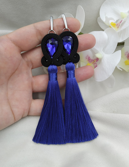 kolczyki soutache Kolczyki z niebieskimi chwostami, granatowe